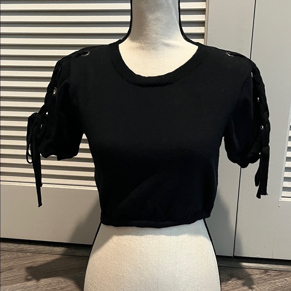 MINKPINK Black Lace-Up Sleeve Crop Top